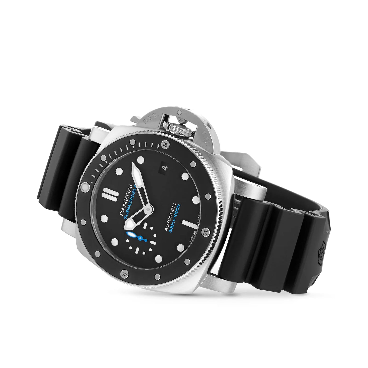 The Panerai Submersible men's dive watch features a black dial with luminous markers, a silver 42mm stainless steel bezel, and a black rubber strap, shown at an angle on a white background.
