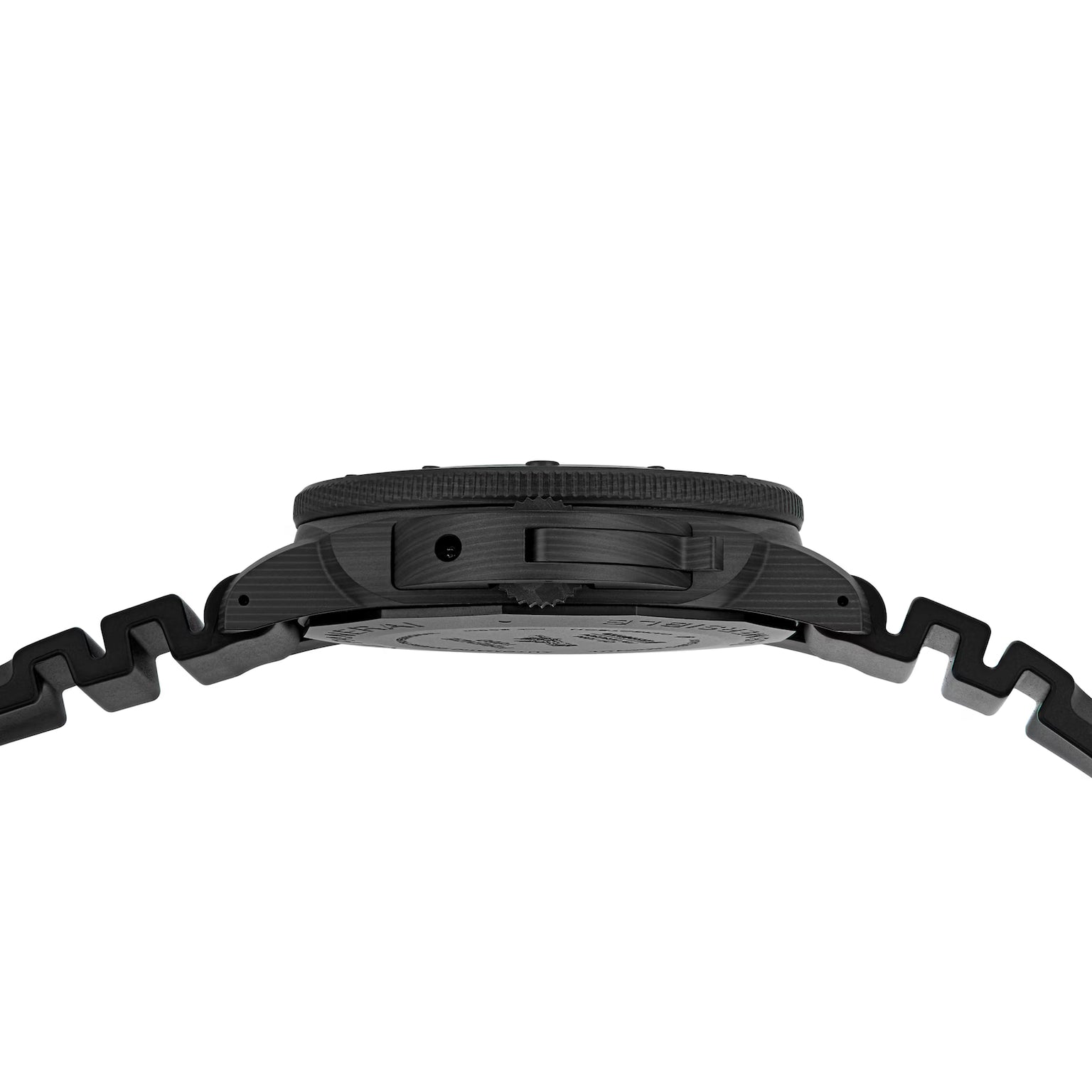 Side view of the Panerai Submersible Carbotech, featuring a textured carbon fibre case and a zigzag-patterned strap, displayed against a plain white background. The watch face is hidden, showing only the side profile and back.