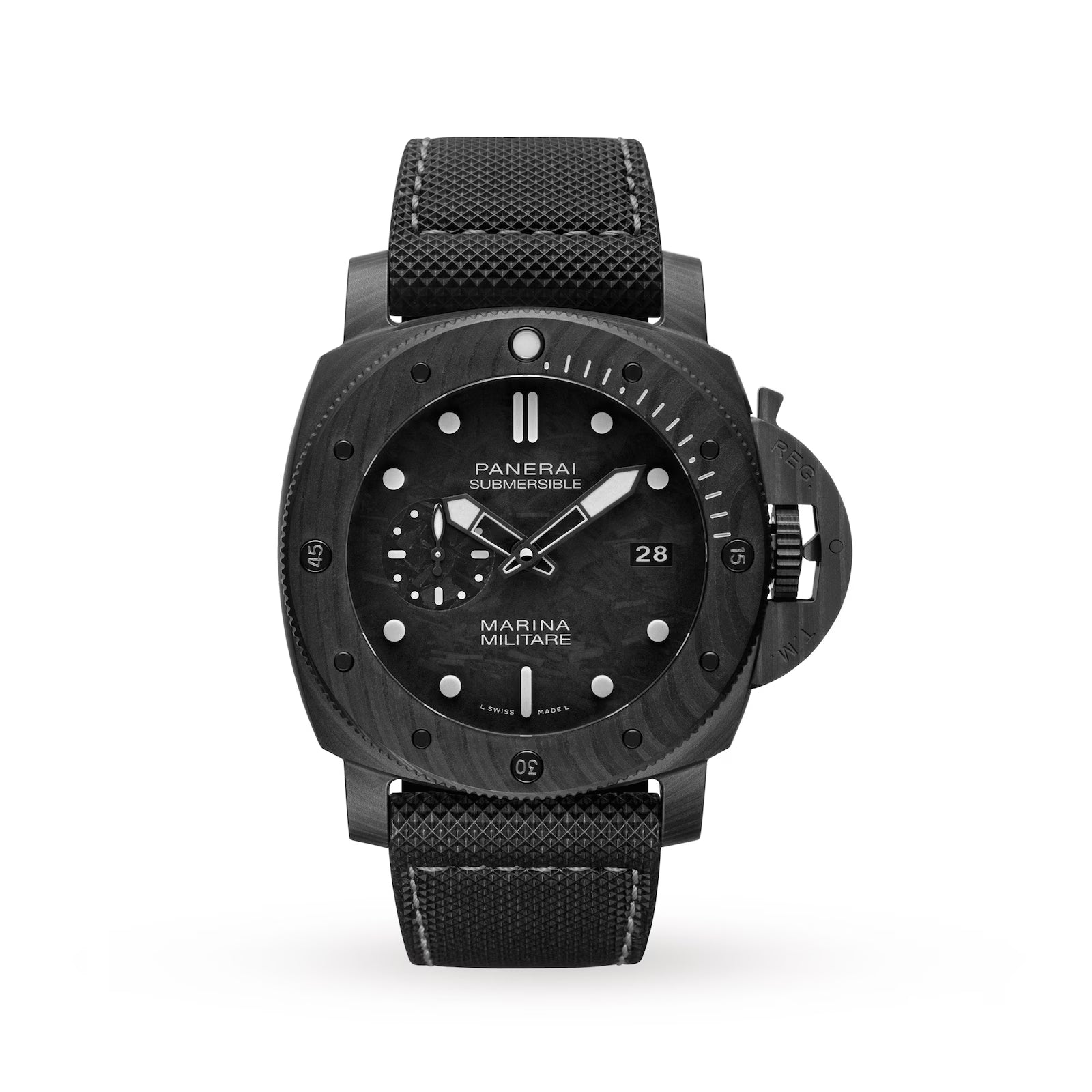 A Panerai Submersible Marina Militare Carbotech divers watch with a textured black band, carbon fibre case, rotating bezel, and luminescent markers is shown on a white background.