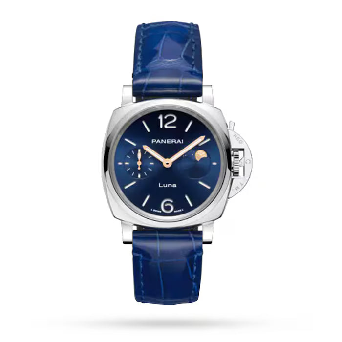 The Panerai Luminor Due Luna Moonphase is a luxury Italian watch with a blue leather strap, blue dial, silver hour markers and hands, moon phase subdial, and a polished silver case.