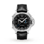 The Panerai Luminor Chrono is a luxury watch featuring a black leather strap, black chronograph dial with silver markers, and a stainless steel case, shown on a white background.