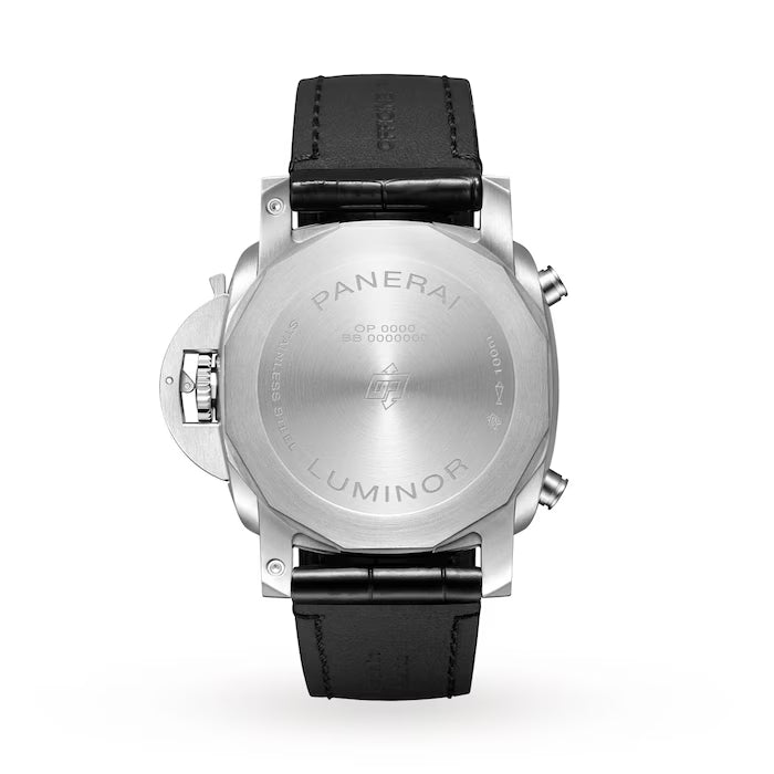 Back view of the Panerai Luminor Chrono, a luxury sports watch with stainless steel case, engraved markings, black leather strap, and Panerai’s signature visible crown guard.