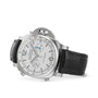 The Panerai Luminor Chrono features a silver dial, black leather strap, and three subdials, displayed at an angle on a white background—a striking piece in the Panerai collection.