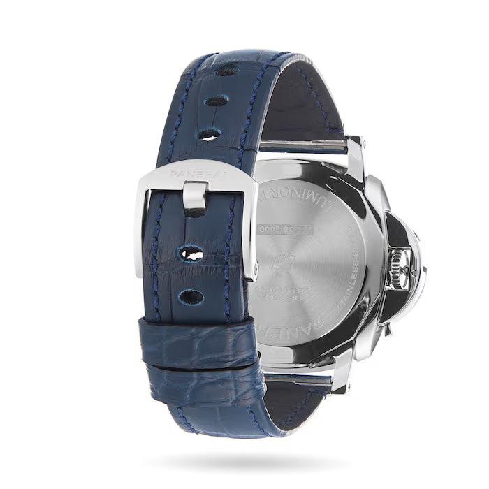 A close-up of the Panerai Luminor Due highlights its Italian design, featuring a polished stainless steel case with engraved details, and a blue leather strap with an engraved polished buckle.