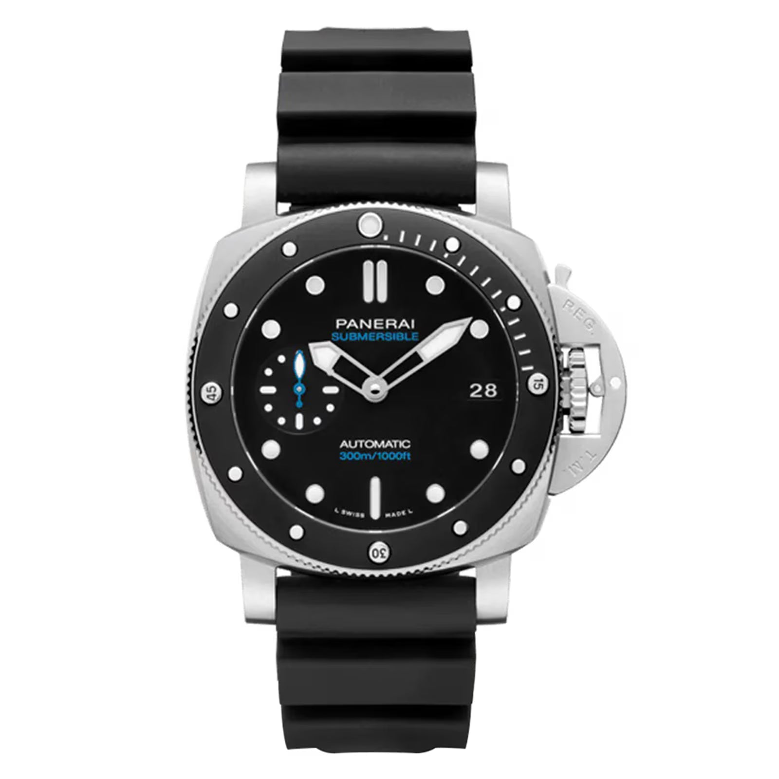 The Panerai Submersible features a 42mm steel case, black dial with luminous markers, date display, rotating bezel, and a black rubber strap.