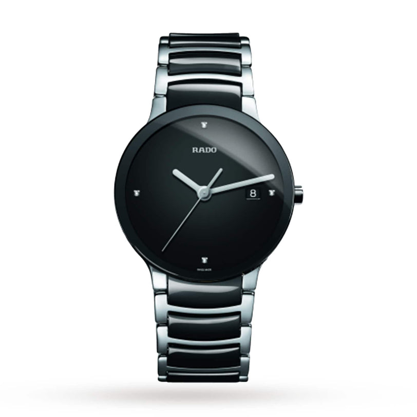 The Rado Centrix Diamonds men’s watch features a black dial, stainless steel band with high-tech ceramic accents, silver hands, four diamond hour markers, and a date window at 3 o’clock.