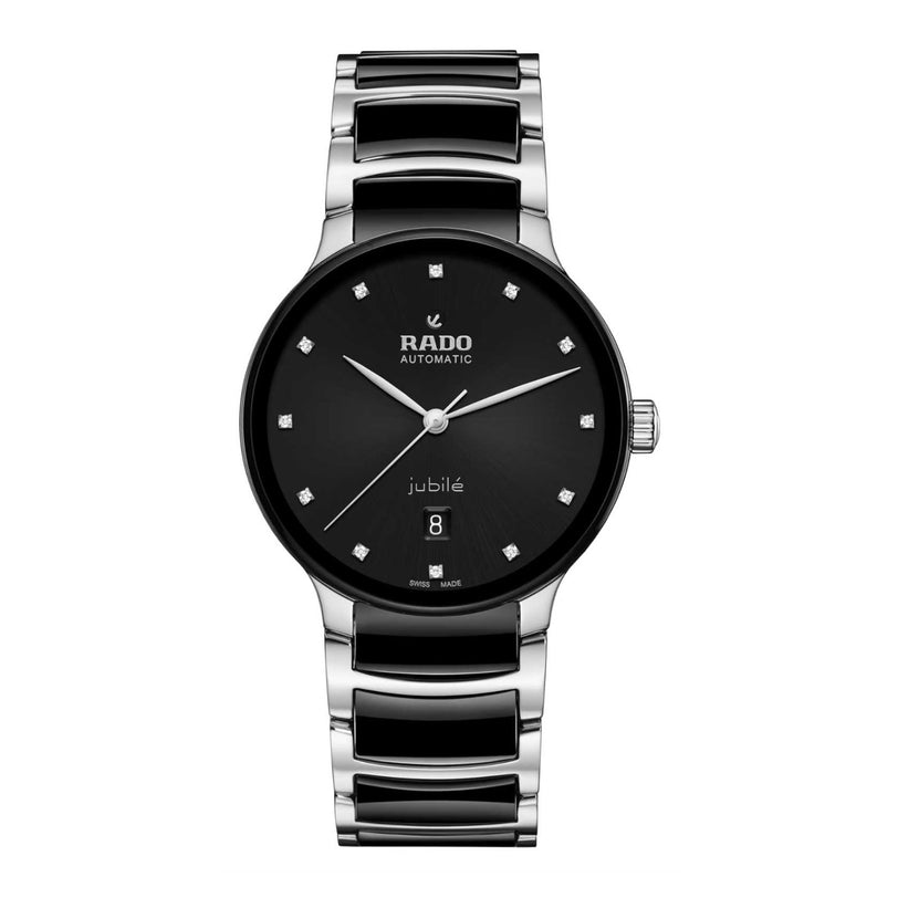 A Rado Centrix Automatic Diamonds wristwatch featuring a black dial, diamond hour markers, sapphire crystal, date window at 6 o’clock, and a silver and black metal bracelet.