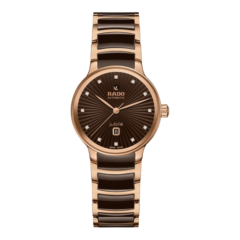 The Rado Centrix Automatic Diamonds wristwatch features a gold and black design, brown dial, date display, diamond hour markers, and a metal link bracelet from the renowned Swiss brand.