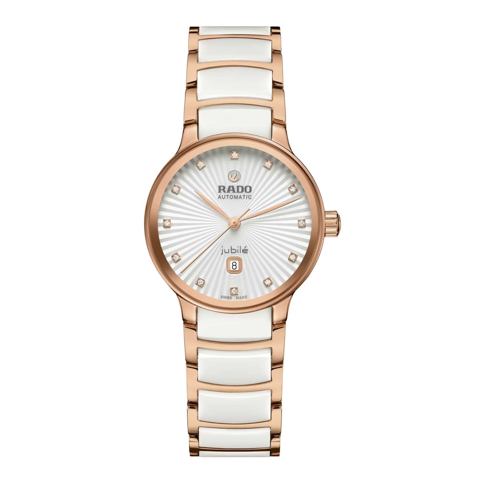 The Rado Centrix Automatic Diamonds watch features a rose gold and white high-tech ceramic band, round white dial, gold hour markers, and date display.