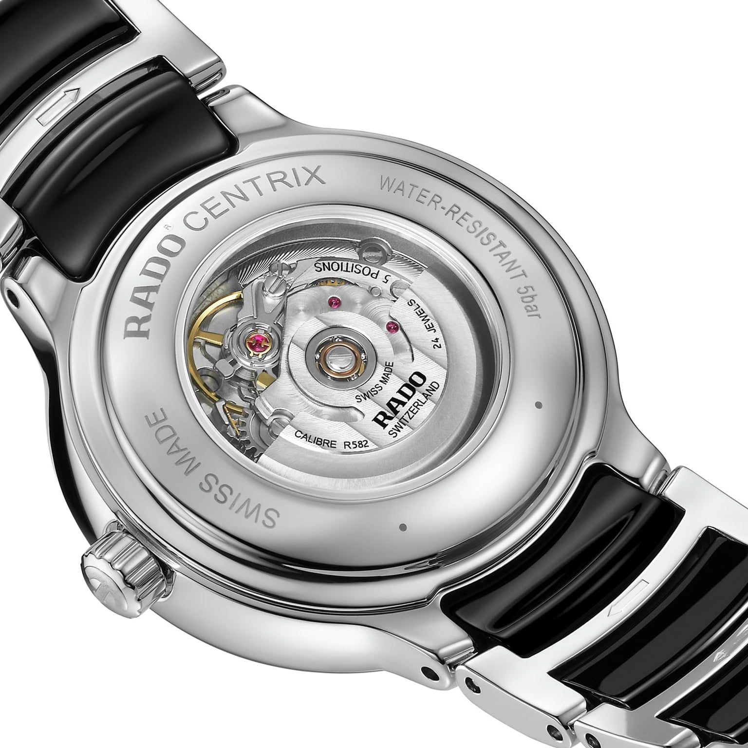 Close-up of the back of a Rado Centrix Automatic Diamonds watch, highlighting its Swiss automatic movement and engraved transparent case back.