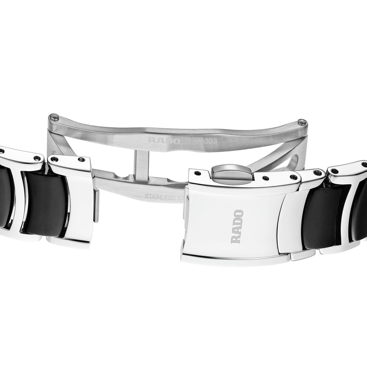 Close-up of a stainless steel and black high-tech ceramic Rado Centrix Automatic Diamonds watch bracelet with an open deployment clasp, highlighting the Swiss brand’s renowned craftsmanship.