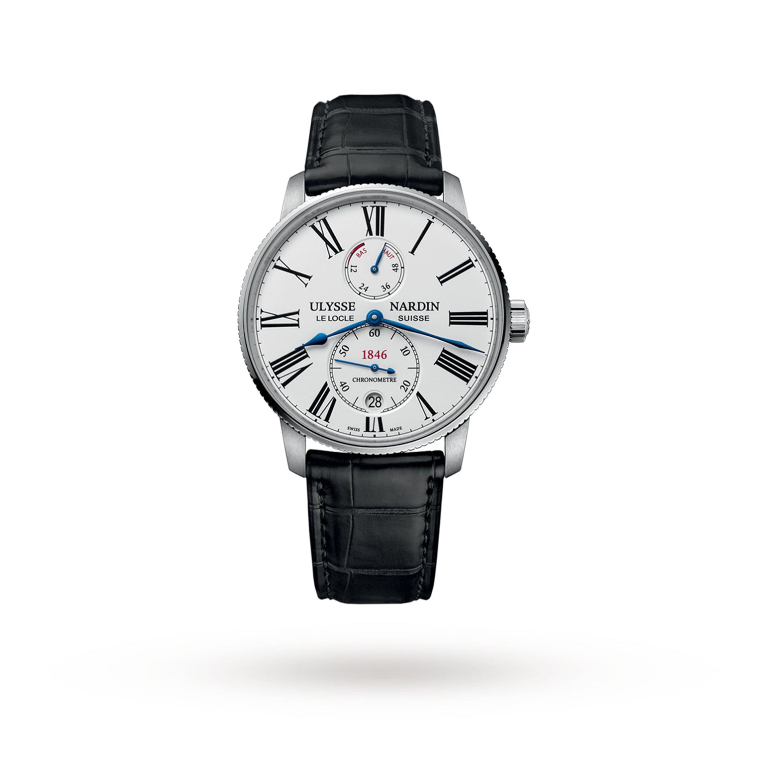 The Ulysse Nardin Marine Torpilleur is a luxury wristwatch with a white dial, Roman numeral markers, stylish subdials, and a sophisticated black leather strap.