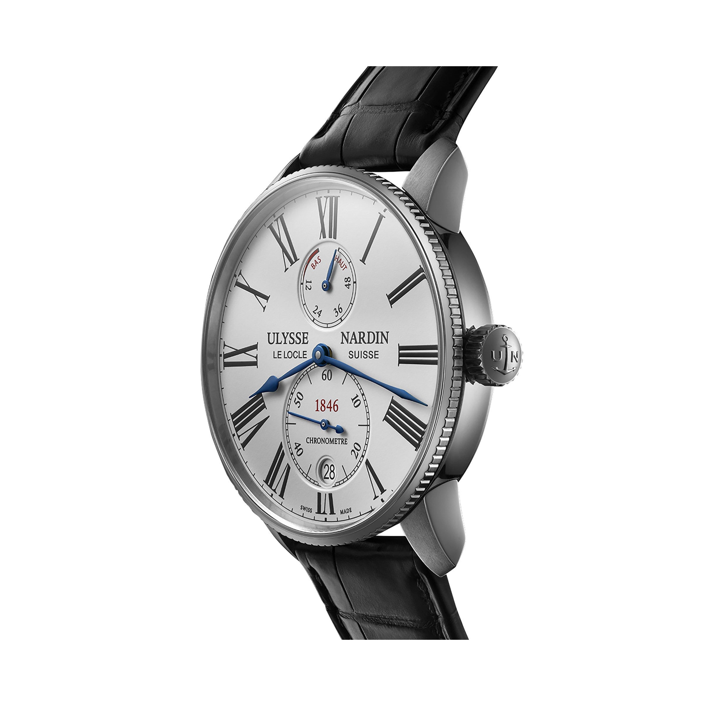 The Ulysse Nardin Marine Torpilleur is a luxury wristwatch with a white dial, Roman numeral indexes, two subdials, date display, and a black leather strap.