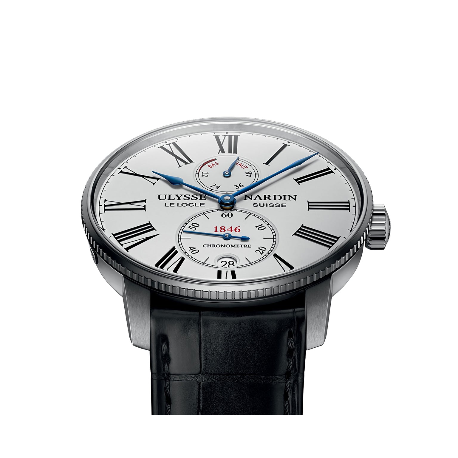 Ulysse Nardin Marine Torpilleur wristwatch with silver case, Roman numerals, blue hands, subdials at 6 and 12 o’clock, and a black leather strap.