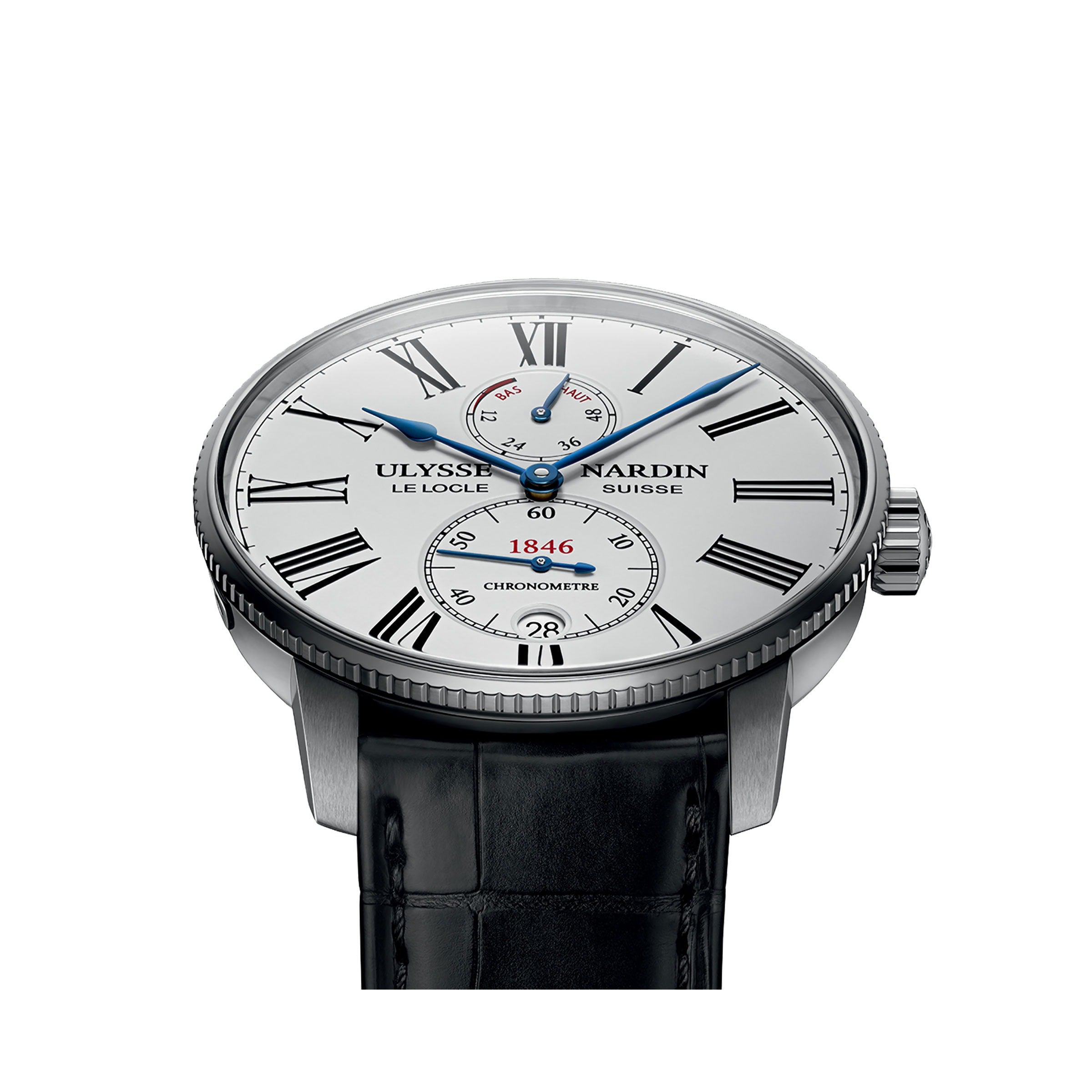 Ulysse Nardin Marine Torpilleur wristwatch with silver case, Roman numerals, blue hands, subdials at 6 and 12 o’clock, and a black leather strap.