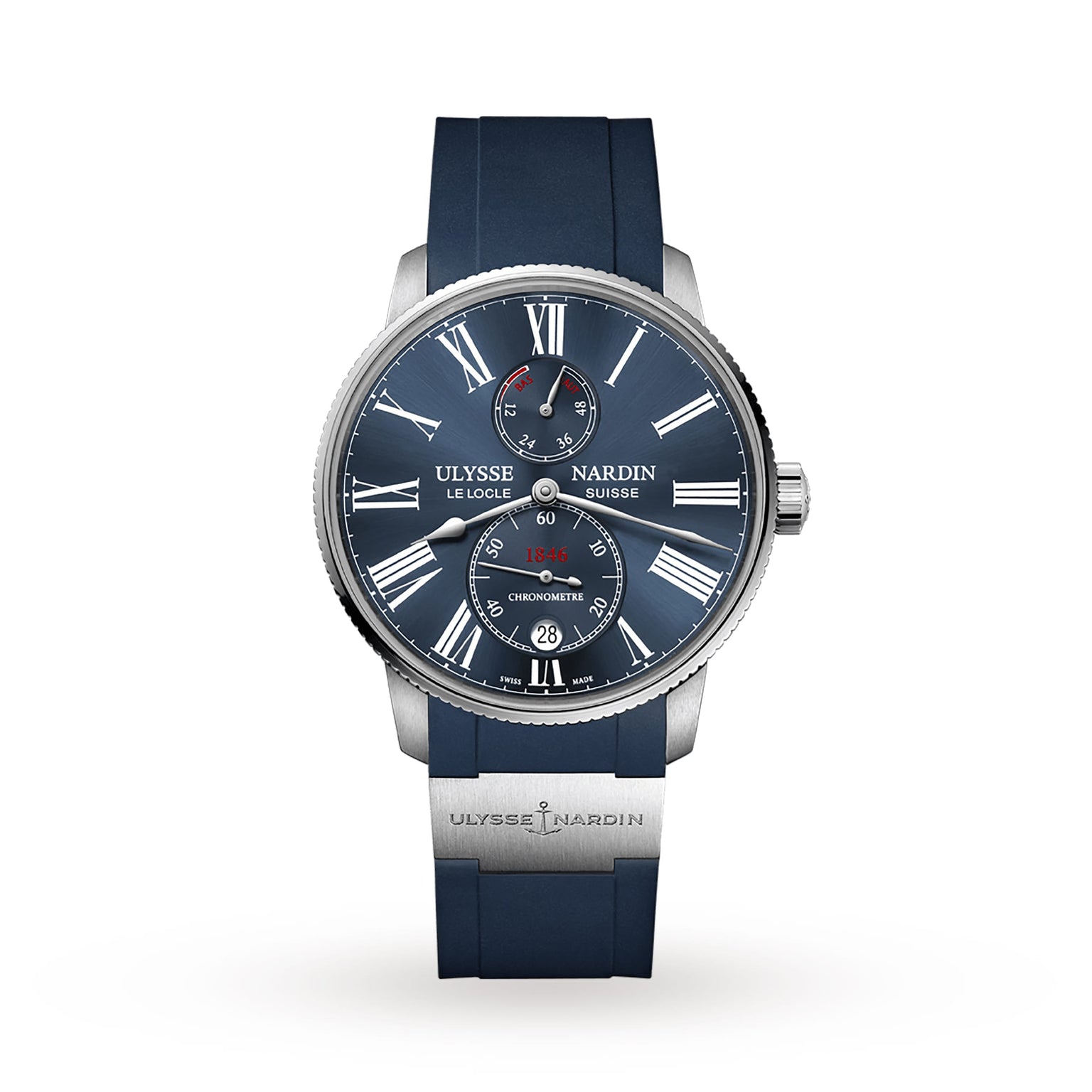 The Ulysse Nardin Marine Torpilleur features a stainless steel case, blue rubber strap, blue dial with Roman numerals, power reserve indicator, and date window—an iconic piece from the Marine collection.