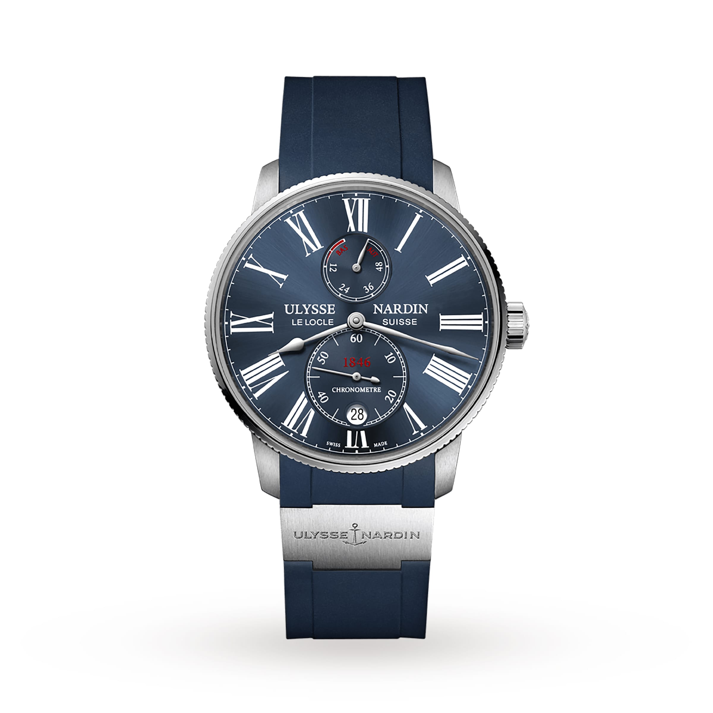 The Ulysse Nardin Marine Torpilleur features a stainless steel case, blue rubber strap, blue dial with Roman numerals, power reserve indicator, and date window—an iconic piece from the Marine collection.