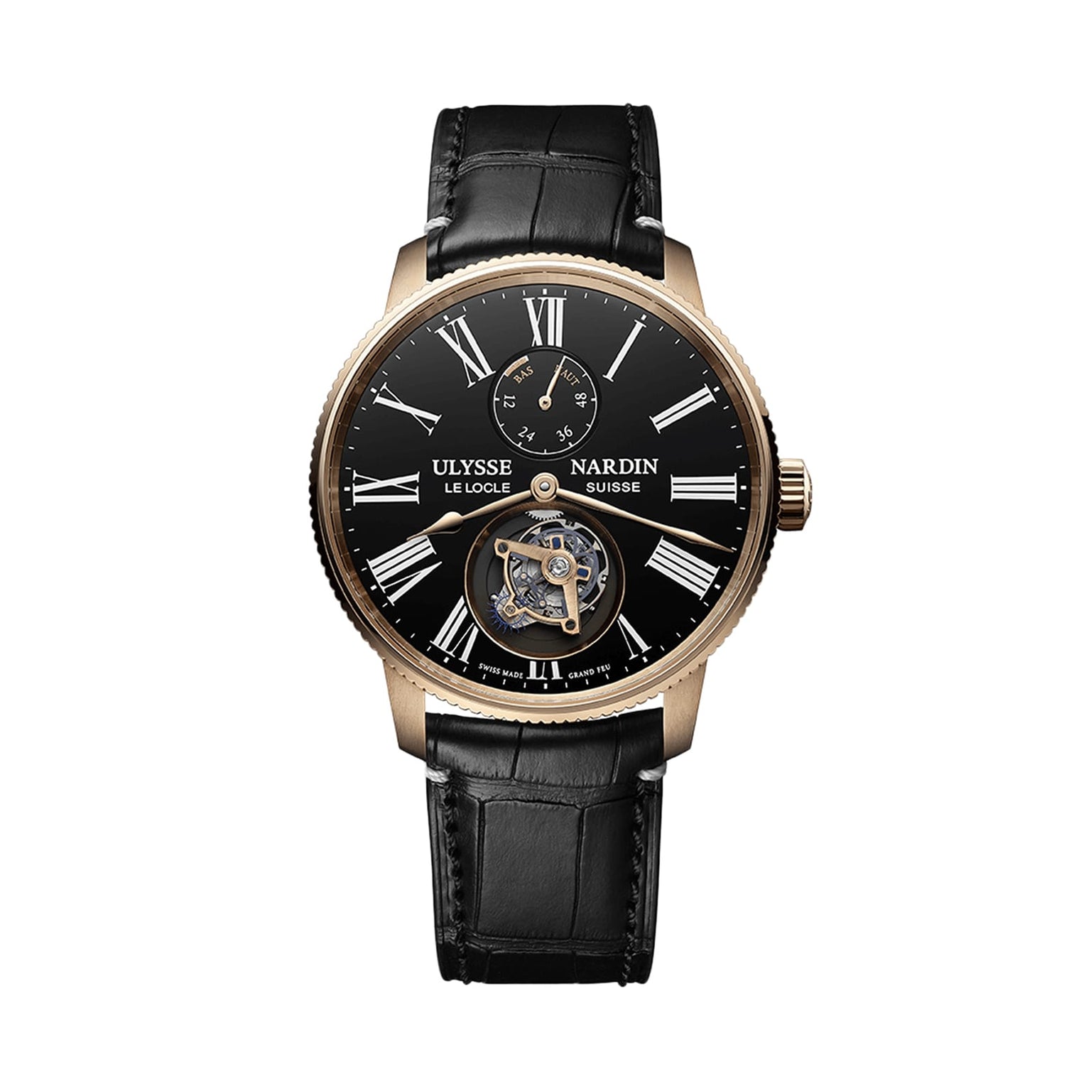 The Ulysse Nardin Marine Torpilleur Tourbillon features a gold case, black leather strap, Grand Feu enamel dial with Roman numerals, and a striking flying tourbillon.