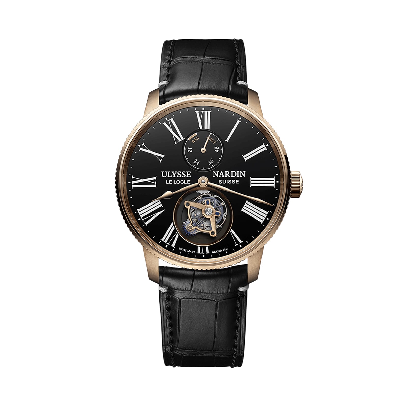 The Ulysse Nardin Marine Torpilleur Tourbillon features a gold case, black leather strap, Grand Feu enamel dial with Roman numerals, and a striking flying tourbillon.