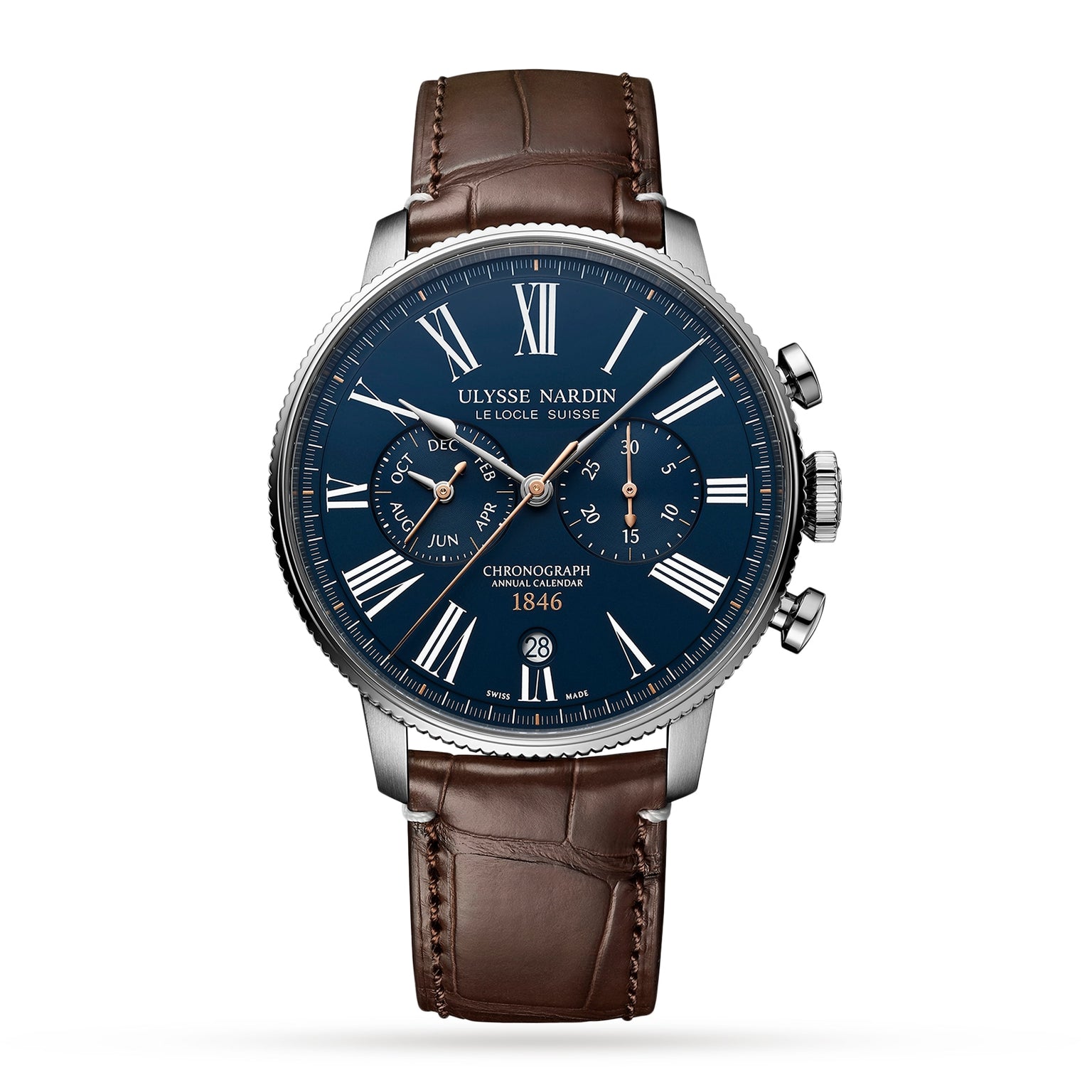 The Ulysse Nardin Marine Torpilleur Annual Chronograph features a blue dial with Roman numerals, a leather strap, and multiple subdials for day, date, and month in an elegant annual calendar display.