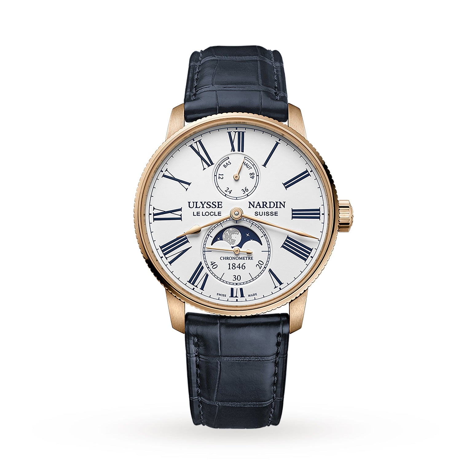 Ulysse Nardin Marine Torpilleur Moonphase watch featuring a white dial with Roman numerals, blue strap, gold case, and moon phase display.