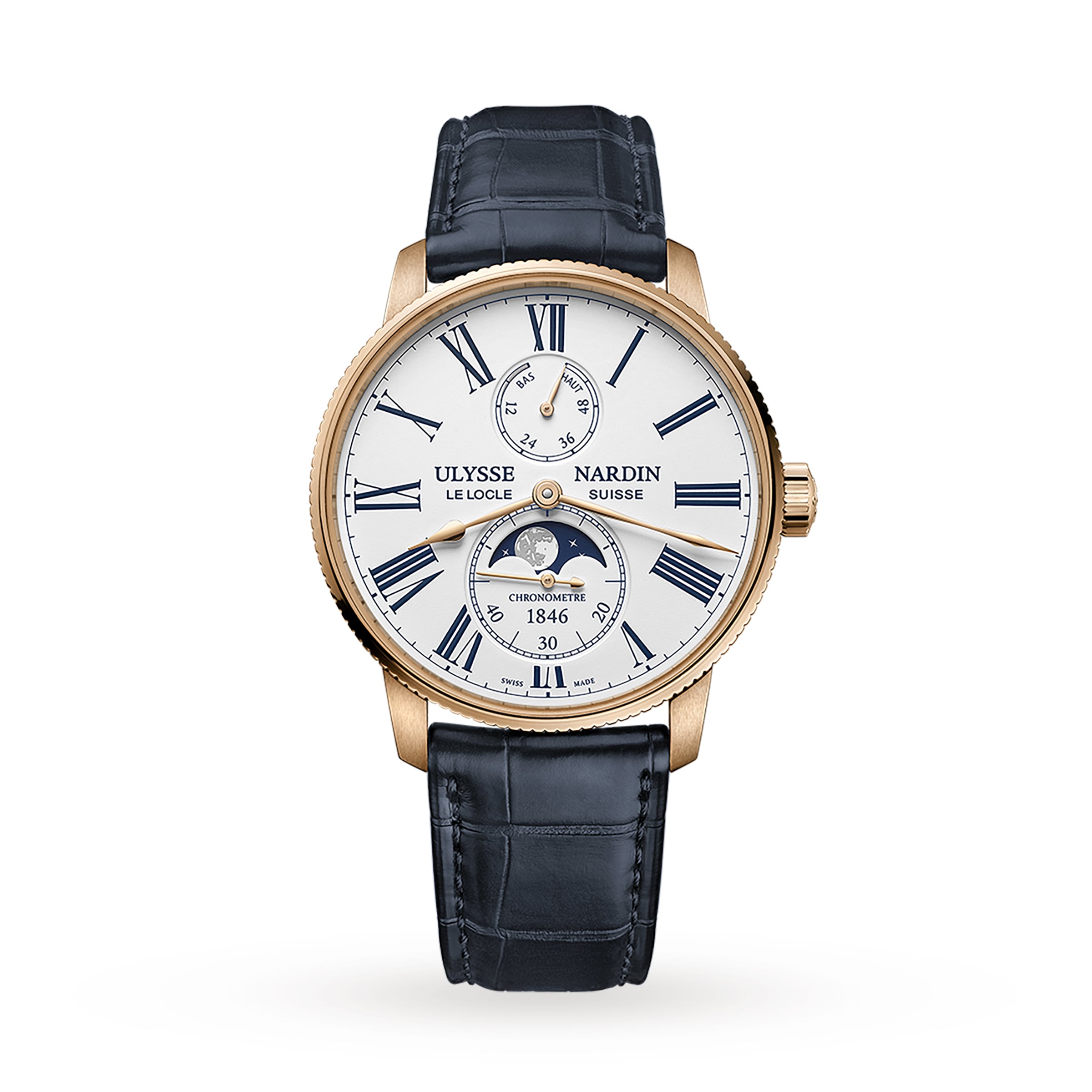 Ulysse Nardin Marine Torpilleur Moonphase watch featuring a white dial with Roman numerals, blue strap, gold case, and moon phase display.