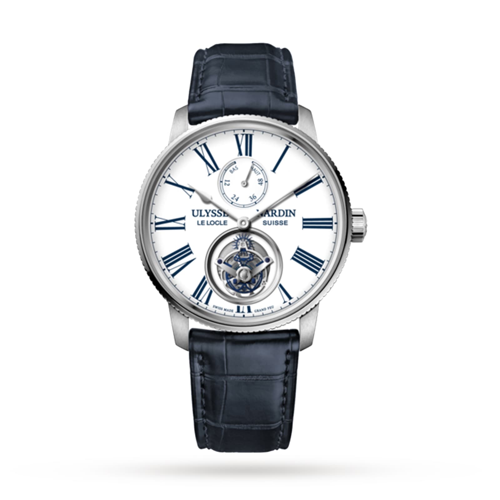The Ulysse Nardin Marine Torpilleur Tourbillon is a luxury wristwatch with a white Grand Feu enamel dial, blue Roman numerals, two subdials, black leather strap, and the brand’s signature elegantly on the face.