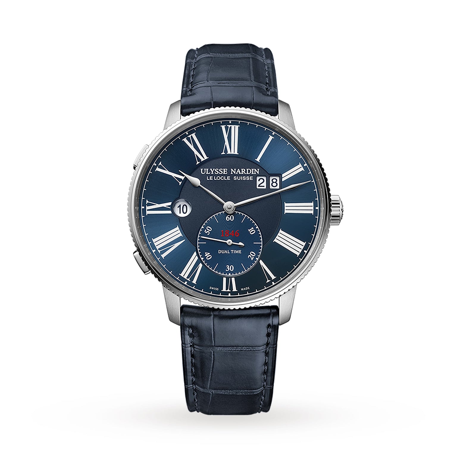 The Ulysse Nardin Marine Torpilleur Dual Time features a blue dial with Roman numerals, dual time function, date window, and a black leather strap—reflecting the brand’s marine chronometer heritage.