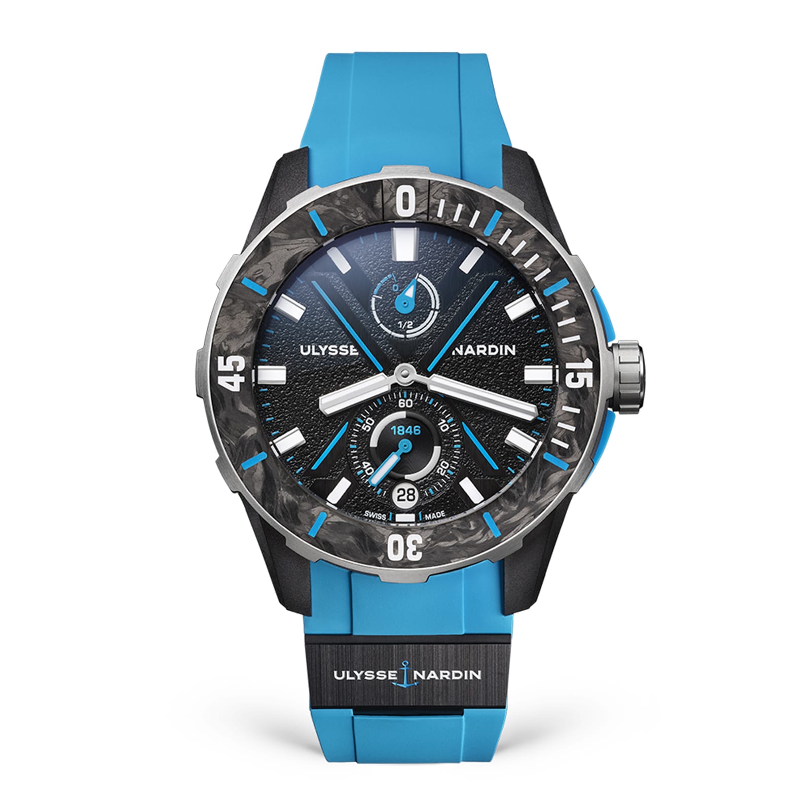The Ulysse Nardin Diver NET Azure features a blue rubber strap, black textured dial with bold white markers, the UN-118 movement, and a date window at 6 o’clock.