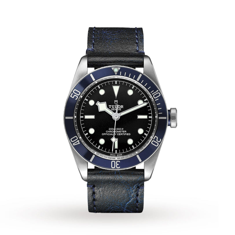 A TUDOR Black Bay wristwatch with a black dial, blue bezel, luminous markers, and a black leather strap is showcased on a white background—a classic diver’s watch.