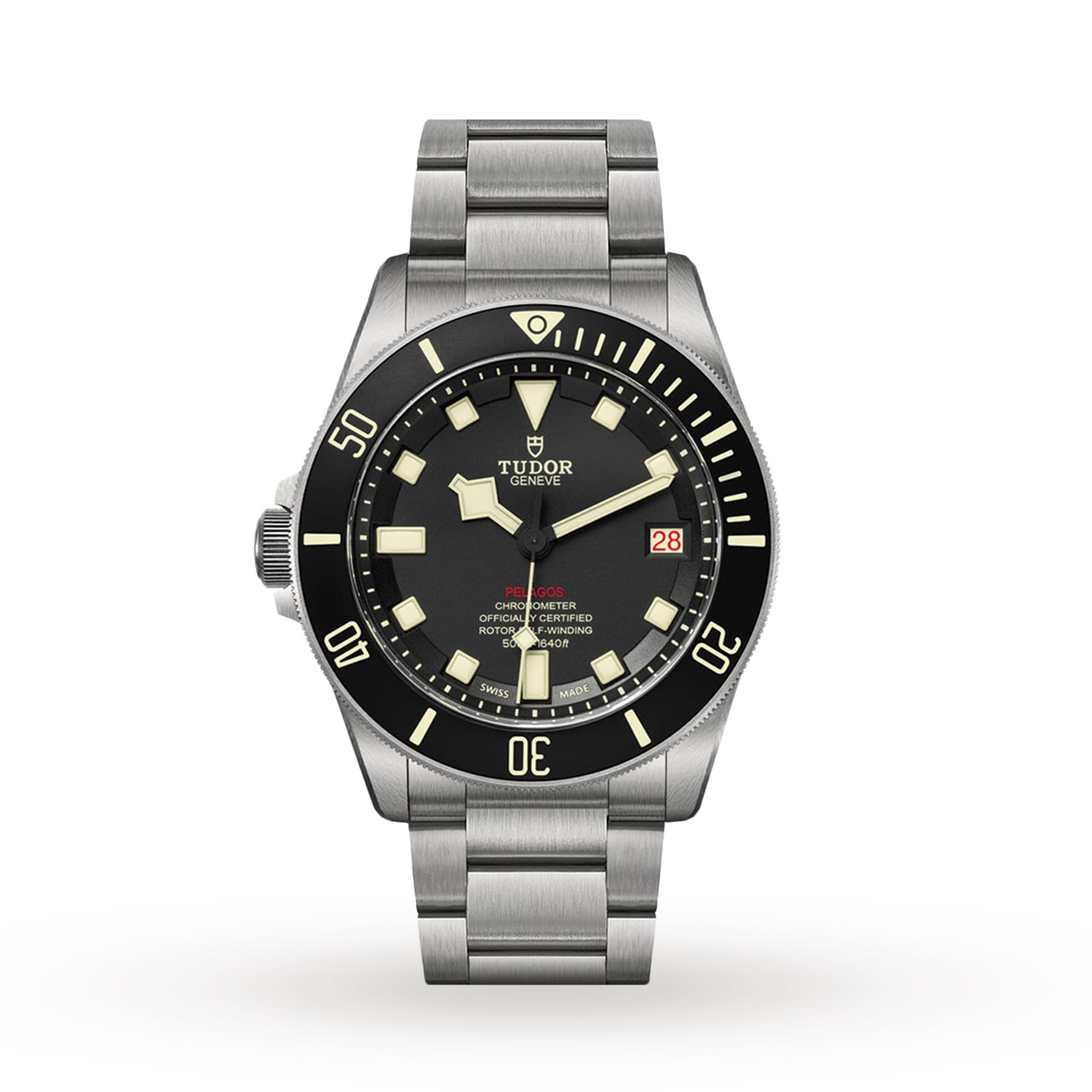 The TUDOR Pelagos LHD divers watch features a stainless steel case, black bezel and dial with luminous markers, date display at 3 oclock, and is shown on a metal bracelet against a white background.