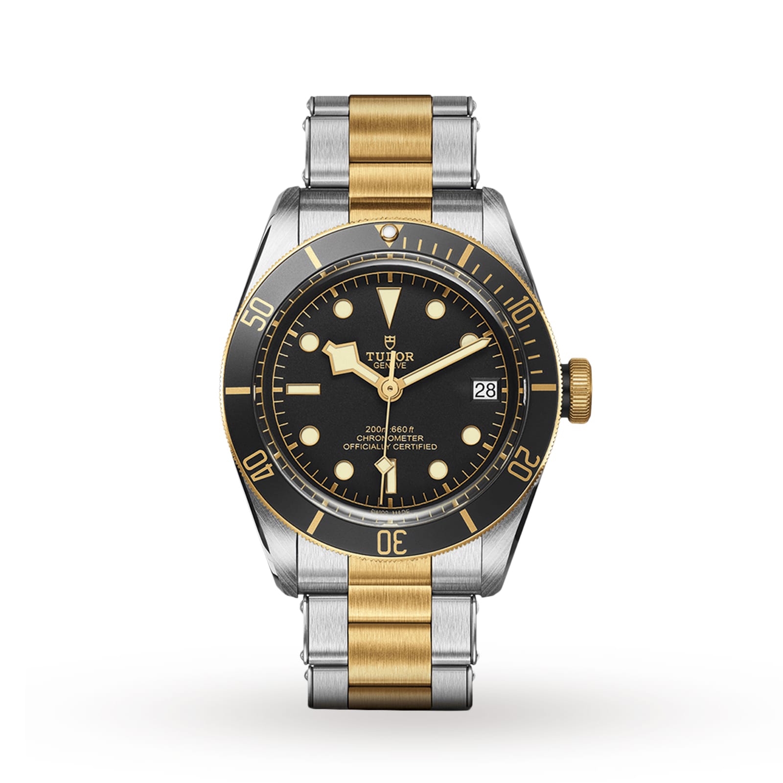 The TUDOR Black Bay S&G is a wristwatch with a black dial, gold accents, and a stainless steel and gold bracelet. It features a rotating bezel, date at 3 o’clock, and self-winding movement inspired by classic TUDOR diver watches.