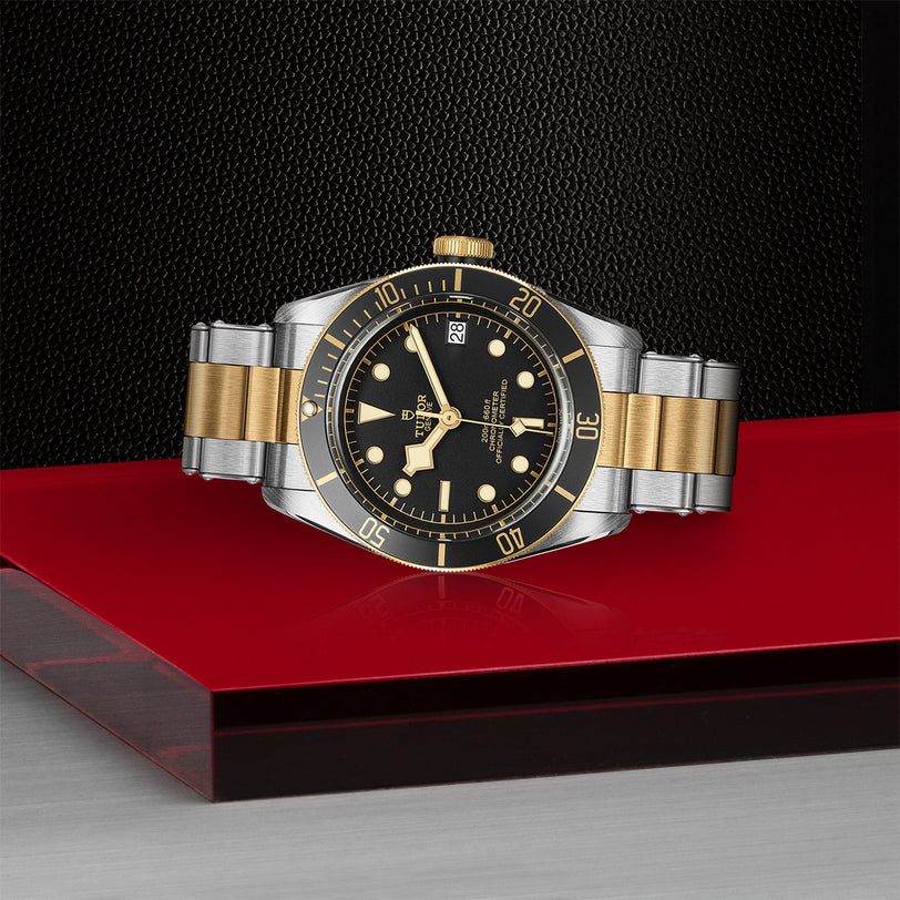 The TUDOR Black Bay S&G, a two-tone watch with a black bezel and dial, gold accents, and metal bracelet, is showcased on a red and metallic surface against a textured black background.