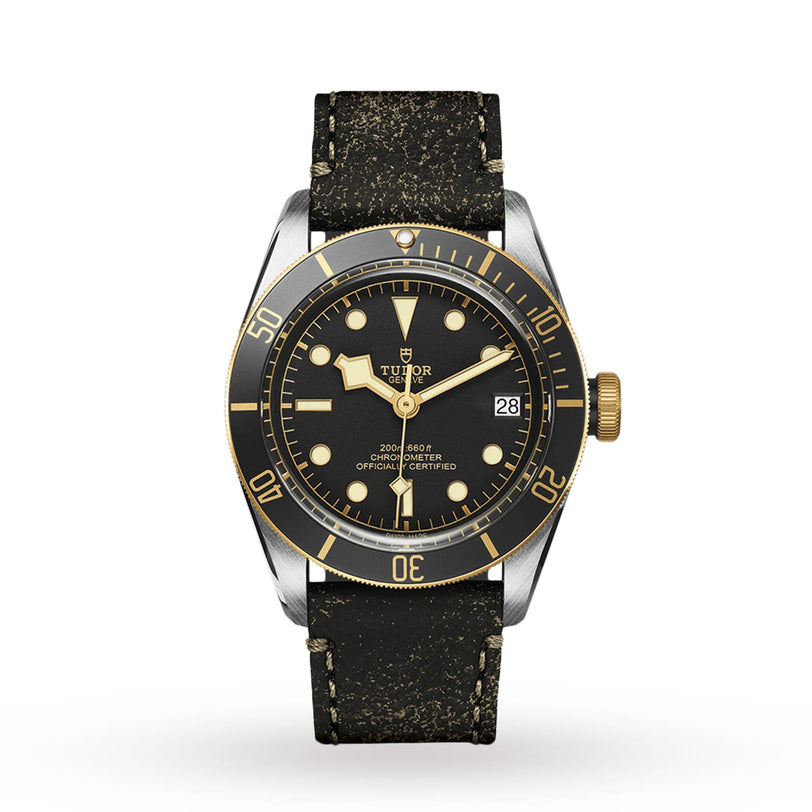 The TUDOR Black Bay S&G wristwatch features a black and gold bezel, black dial with gold markers, and a distressed black leather strap, displayed on a white background—showcasing the classic style of TUDOR diving watches.