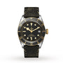The TUDOR Black Bay S&G wristwatch features a black and gold bezel, black dial with gold markers, and a distressed black leather strap, displayed on a white background—showcasing the classic style of TUDOR diving watches.