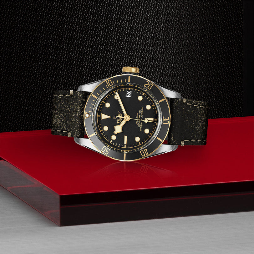 A TUDOR Black Bay S&G wristwatch with a black and gold finish and date display is showcased on a red platform against a textured black backdrop, highlighting its self-winding mechanical movement.