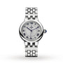 A TUDOR Clair de Rose wristwatch featuring a silver case, white dial, blue Roman numerals, and a metal link bracelet.