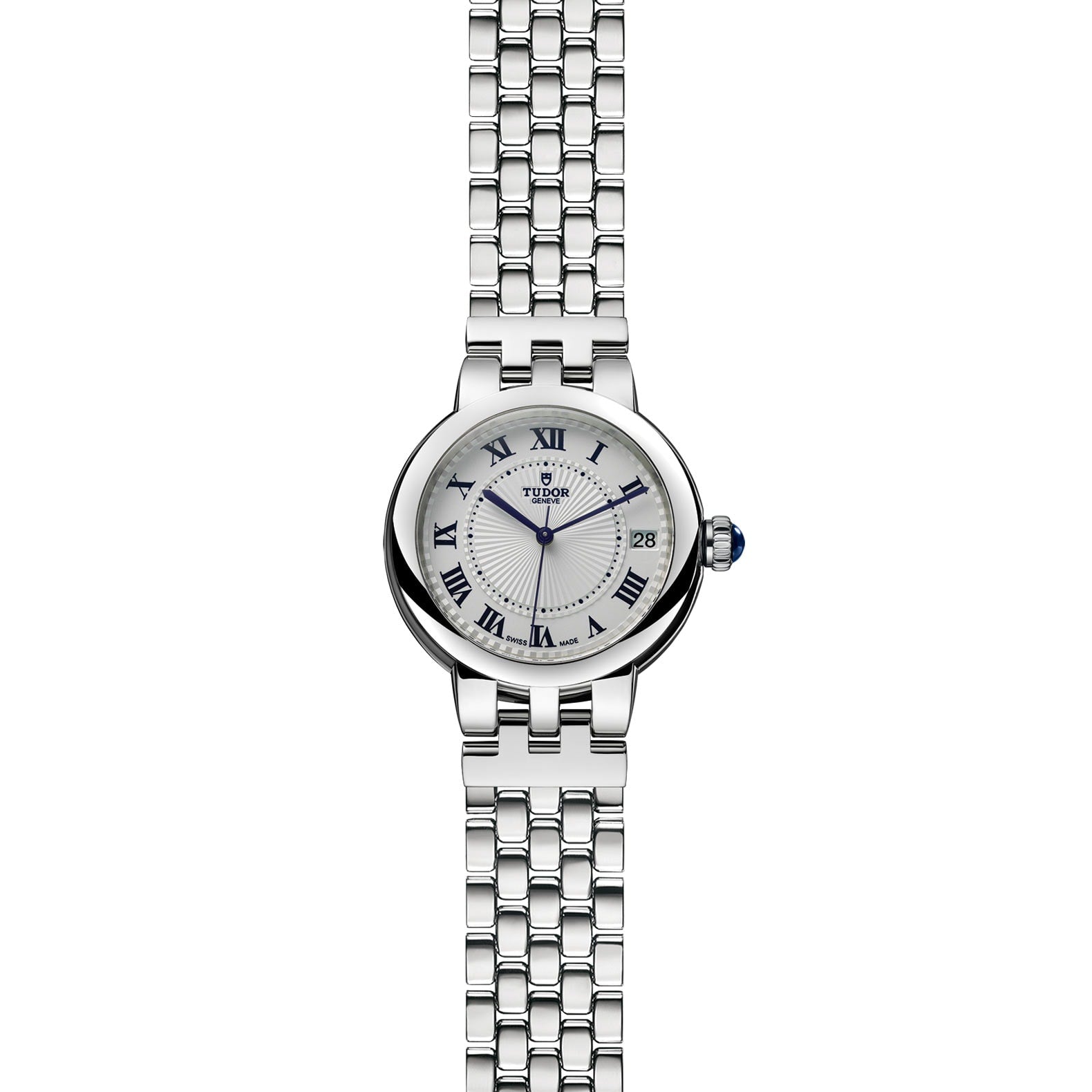 TUDOR Clair de Rose wristwatch with Roman numeral markers, date display, and metal link bracelet on a white background.