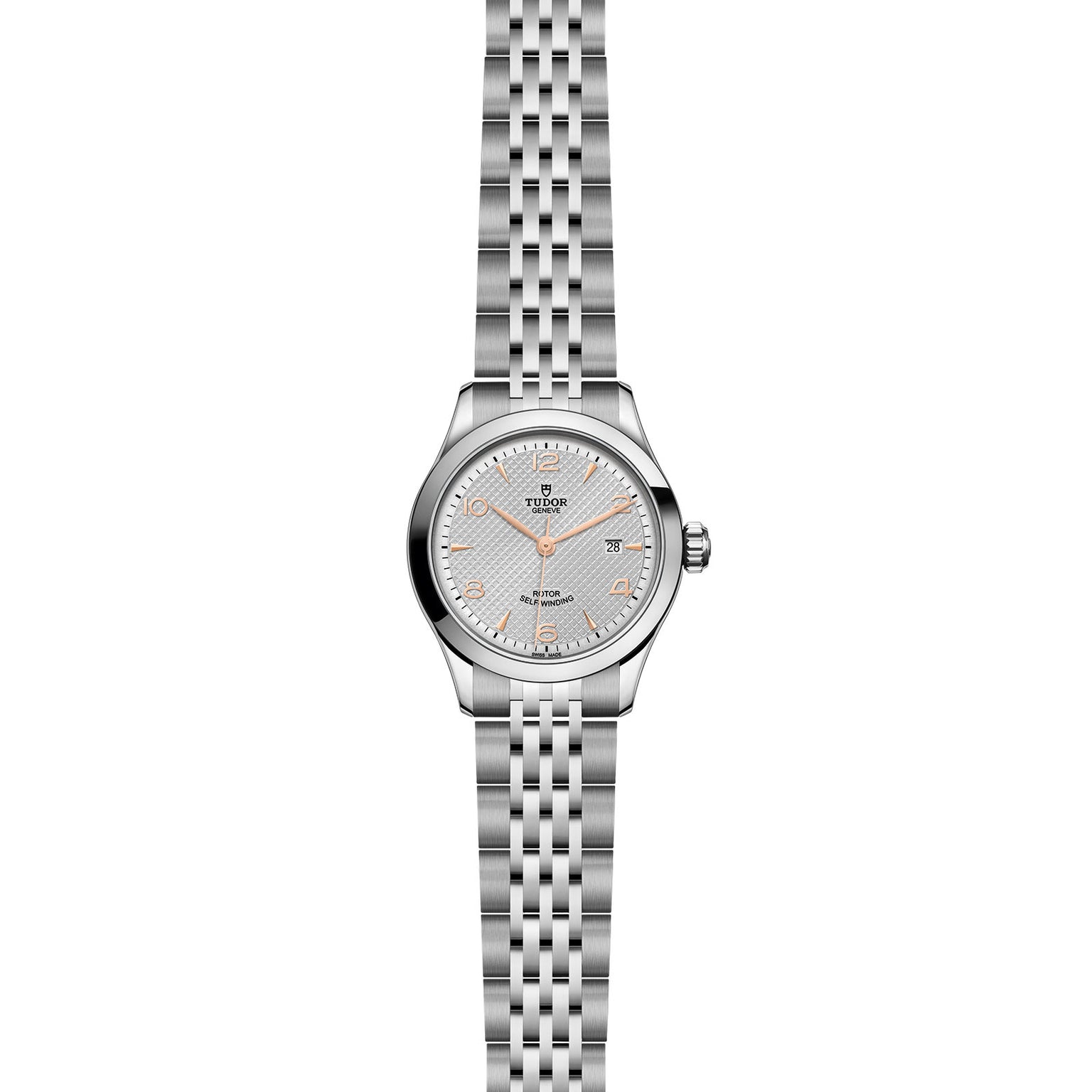 A TUDOR 1926 ladies wristwatch features a stainless steel bracelet, self-winding mechanical movement, silver patterned dial, and gold hour markers, shown on a white background.