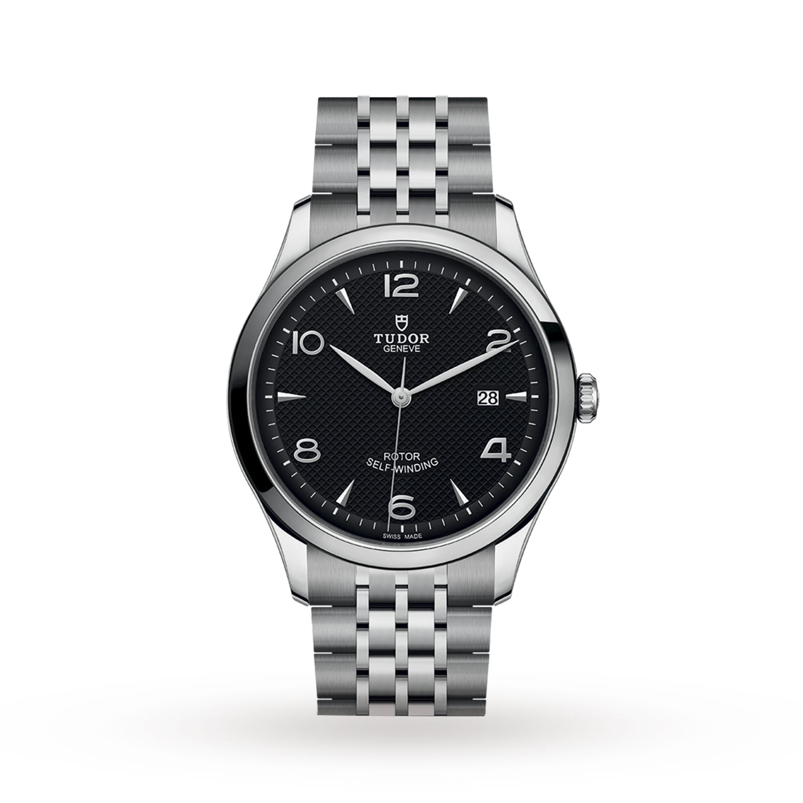 The TUDOR 1926 is a stainless steel wristwatch with a black textured dial, silver markers, date at 3 oclock, and a multi-link bracelet, all protected by a sapphire crystal lens.