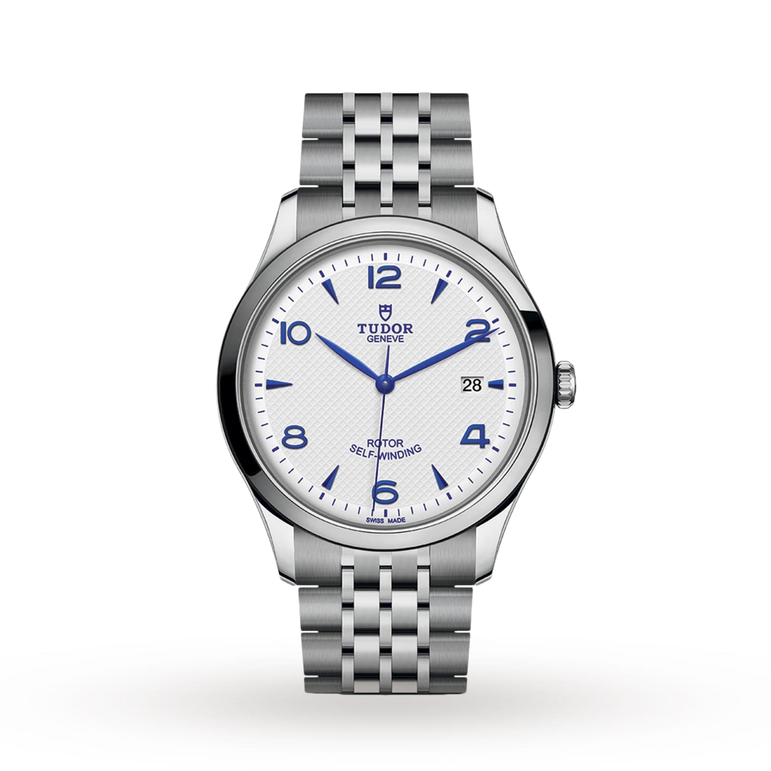 The TUDOR 1926 mens watch features a stainless steel case, white textured dial with blue numerals, date at 3 oclock, and a silver link bracelet—an elegant classic shown on a white background.