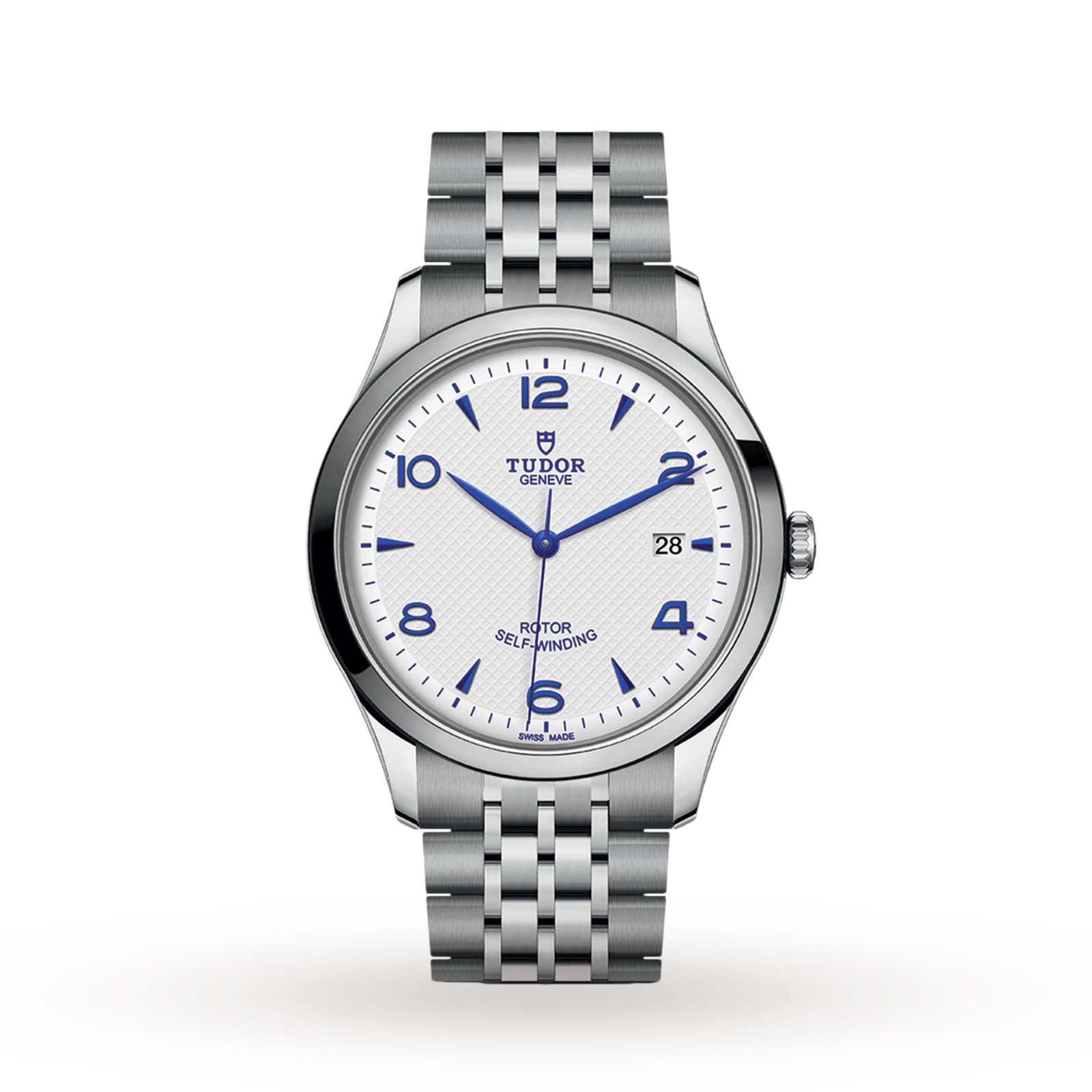 The TUDOR 1926 mens watch features a stainless steel case, white textured dial with blue numerals, date at 3 oclock, and a silver link bracelet—an elegant classic shown on a white background.
