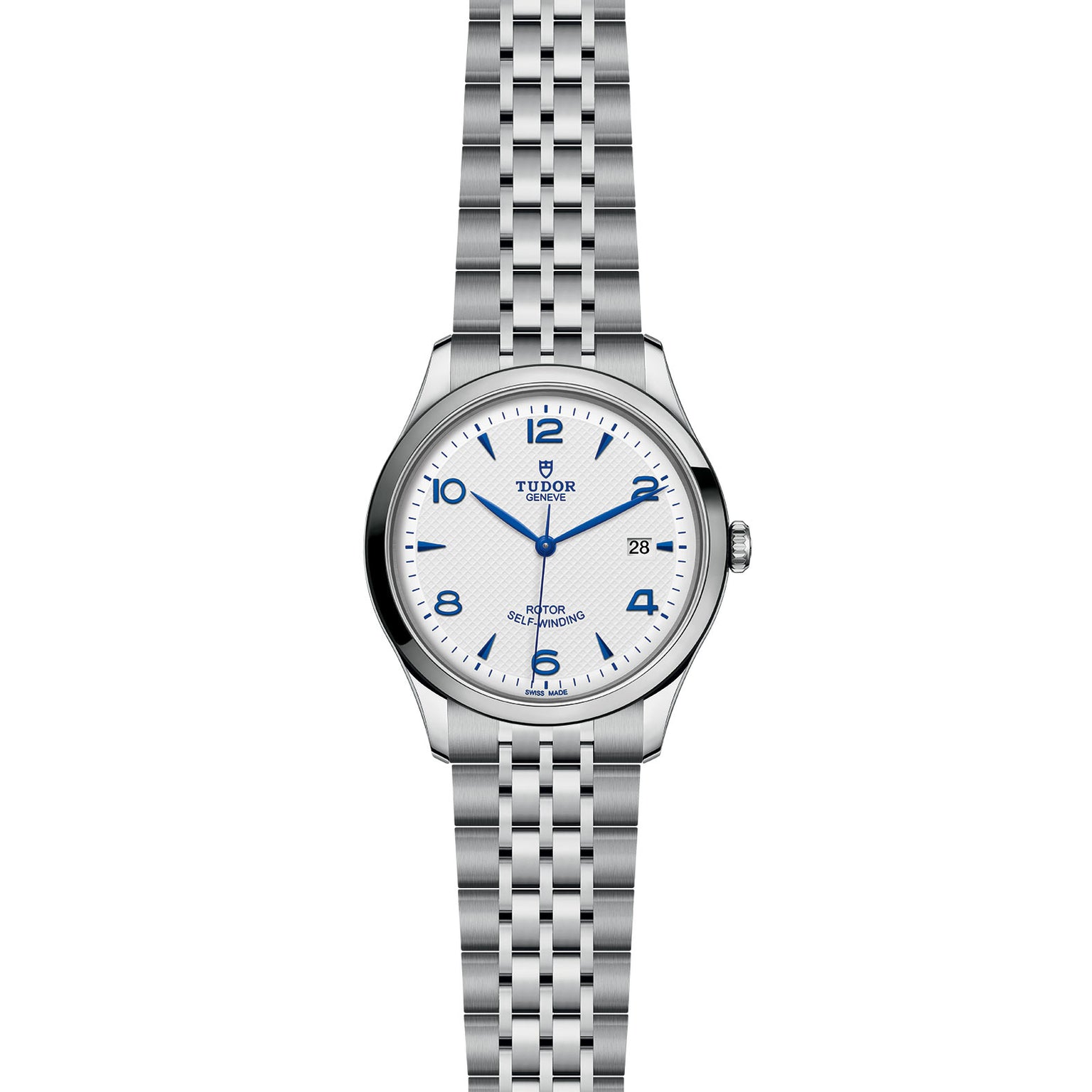The TUDOR 1926 is a stainless steel men’s watch with a silver link bracelet, white dial, blue Arabic numerals, date at 3 o’clock, and TUDOR branding below 12—ideal for lovers of classic mechanical watches.