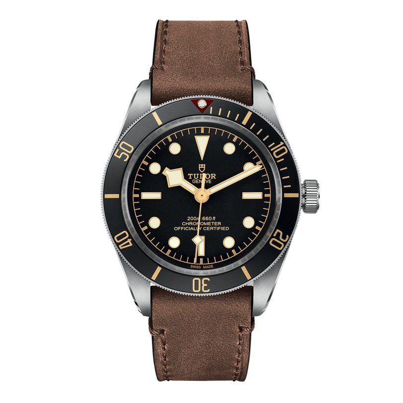 The TUDOR Black Bay 58 is a vintage-inspired wristwatch with a brown leather strap, black dial, gold hour markers and hands, featuring the TUDOR logo and certified as a chronometer.