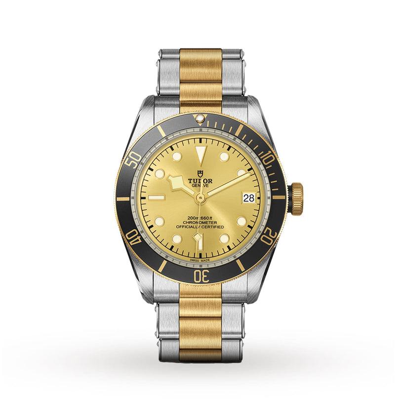 The TUDOR Black Bay S&G is a stainless steel and gold dive watch featuring a yellow dial, black bezel, self-winding movement, date at 3 o’clock, and a two-tone bracelet shown against a white background.