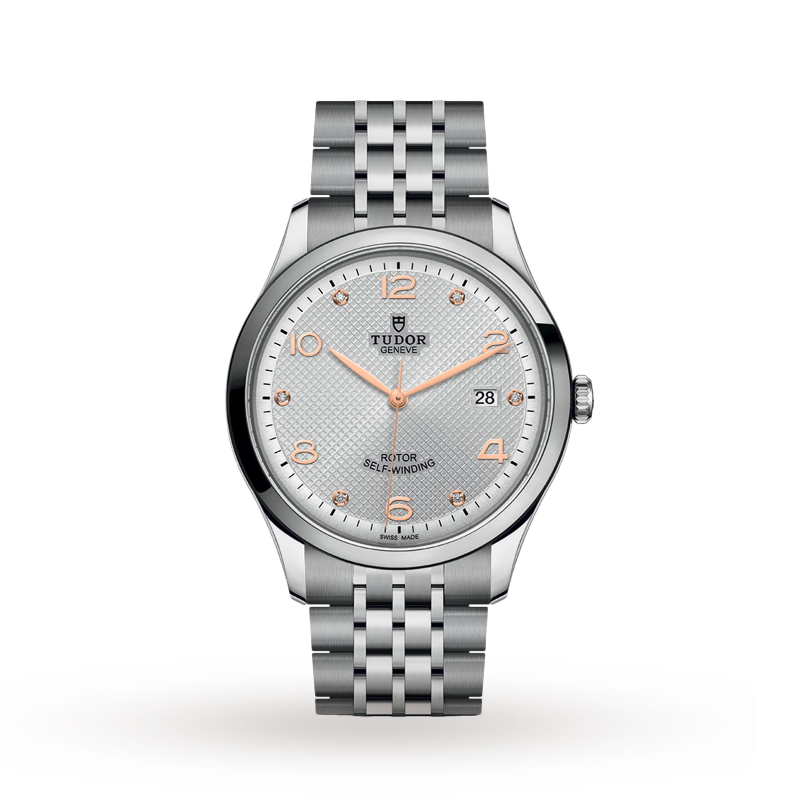 The TUDOR 1926 wristwatch features a silver metal bracelet, silver textured dial, gold-tone markers and hands, self-winding movement, and a date display at 3 o’clock.