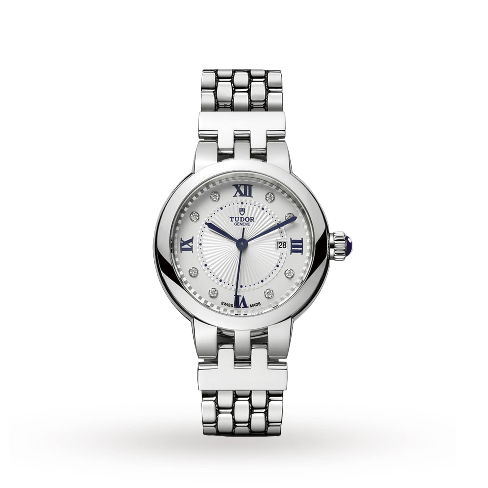 The TUDOR Clair de Rose is a silver wristwatch featuring a round face with Roman numerals, diamond hour markers, and a metal link bracelet.