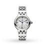 The TUDOR Clair de Rose is a silver wristwatch featuring a round face with Roman numerals, diamond hour markers, and a metal link bracelet.