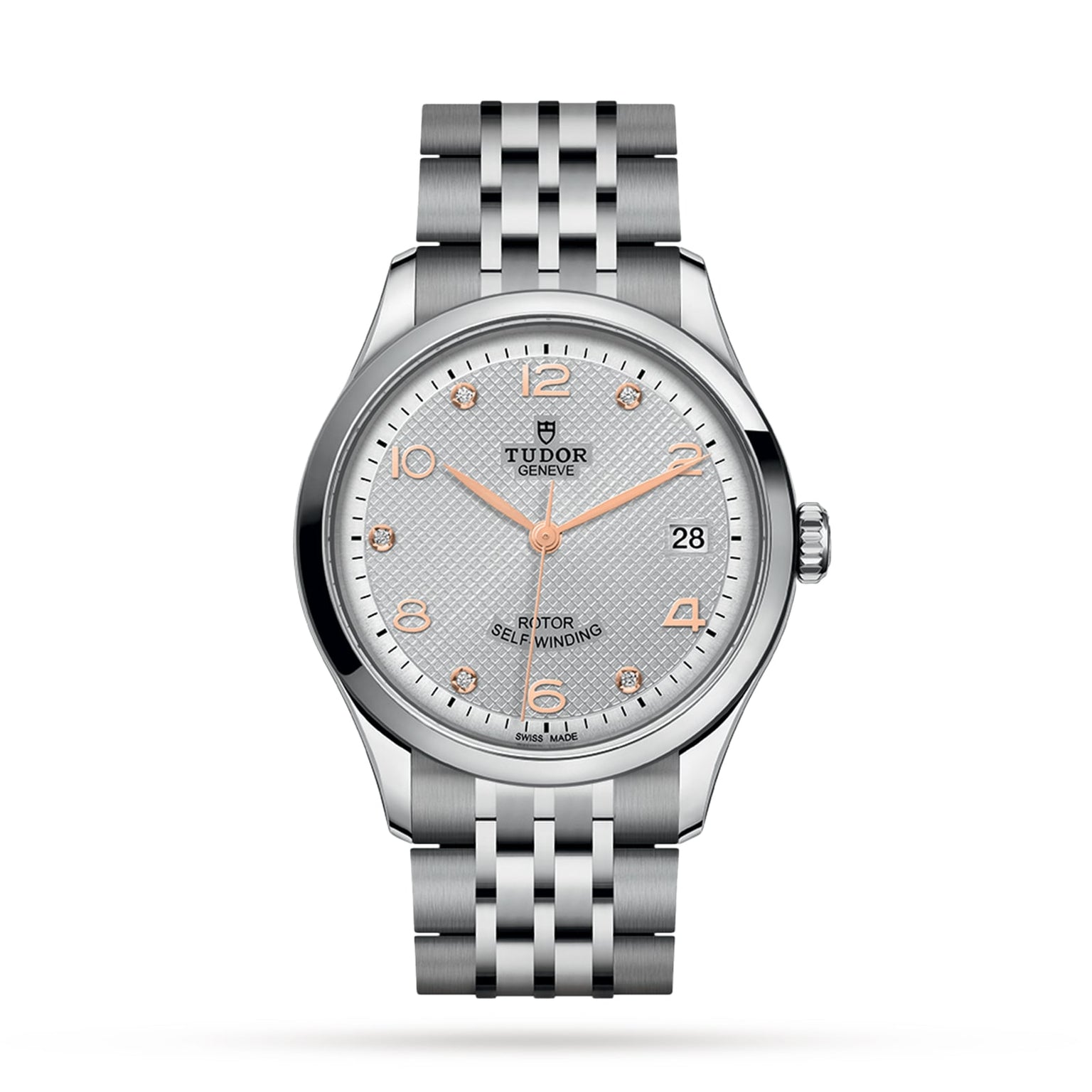 TUDOR 1926 wristwatch featuring a textured white dial, rose gold markers, and a silver metal link bracelet.