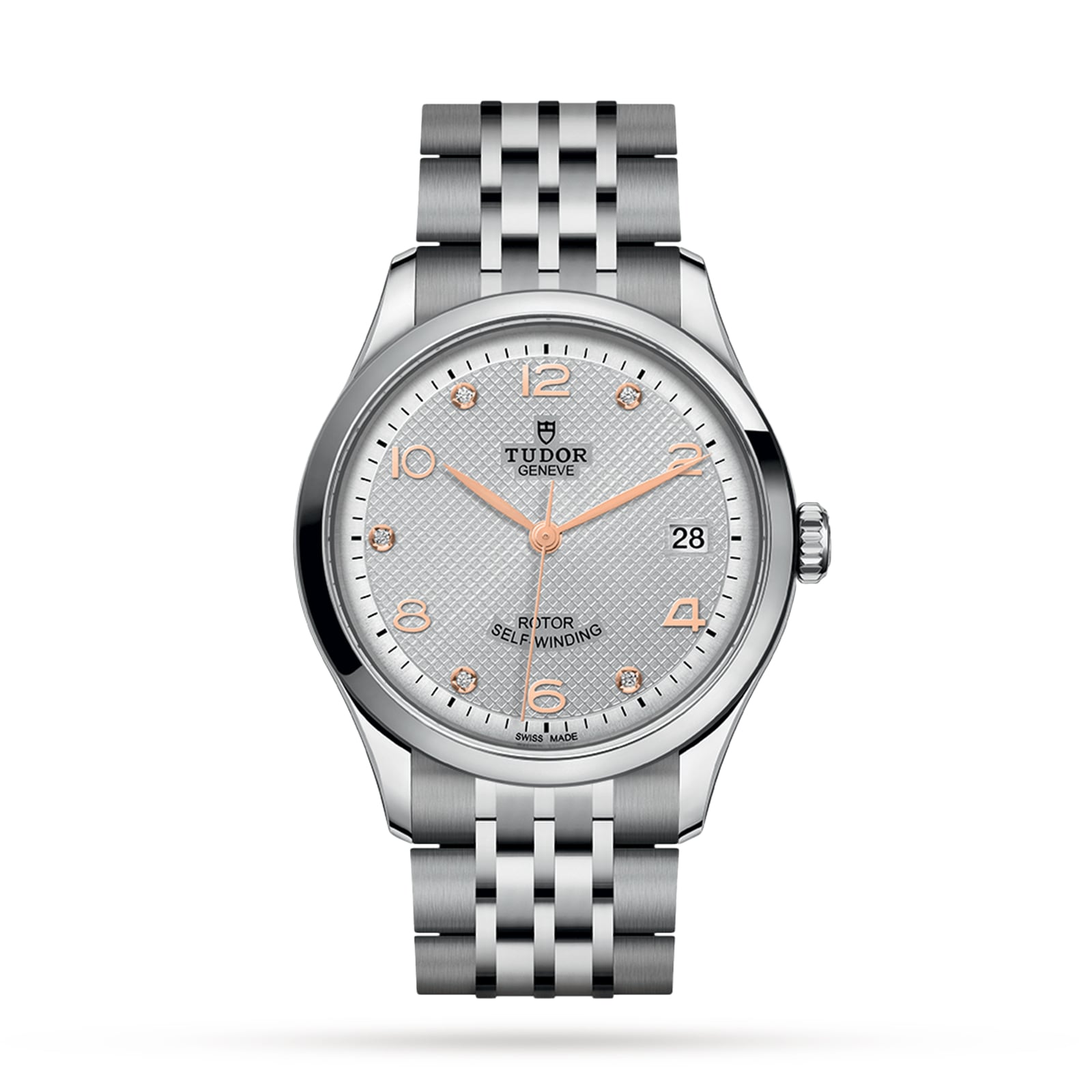 TUDOR 1926 wristwatch featuring a textured white dial, rose gold markers, and a silver metal link bracelet.